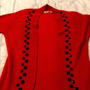 Red with Black Beading Long Cardigan
